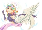  ahoge angel_wings azriel_(no_game_no_life) blue_eyes breasts chess_piece cross facial_tattoo feathered_wings gloves gradient_hair green_hair halo horn long_hair low_wings magic_circle medium_breasts midriff multicolored_hair no_game_no_life open_mouth pawn smile solo symbol-shaped_pupils tattoo tsukiba_riou white_wings wing_ears wings yellow_eyes 