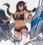 anchor azur_lane bare_shoulders belt black_hair braid breasts brown_eyes chain cleavage commentary_request crop_top dark_skin feathers hair_between_eyes hair_feathers hair_ornament highres jewelry large_breasts long_hair looking_at_viewer machinery native_american navel necklace shield short_shorts shorts solo south_dakota_(azur_lane) thighhighs turret white_background white_belt yuko_(uc_yuk) 