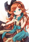 baram bare_arms black_hairband bracelet brown_hair commentary_request eyebrows_visible_through_hair granblue_fantasy green_eyes hairband jewelry long_hair looking_at_viewer sara_(granblue_fantasy) smile solo 