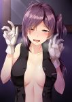  ahoge black_shirt blush breasts cleavage double_v eyebrows_visible_through_hair gloves hagikaze_(kantai_collection) highres kamelie kantai_collection long_hair looking_at_viewer medium_breasts open_clothes open_mouth open_shirt purple_eyes purple_hair saliva shirt side_ponytail solo tears tongue tongue_out unbuttoned unbuttoned_shirt upper_body v white_gloves 