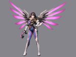  absurdres boots brown_hair commentary d.va_(overwatch) facepaint full_body fusion gloves grey_background gun hand_on_hip hexafusion highres holding holding_gun holding_weapon jungon_kim long_hair looking_at_viewer mercy_(overwatch) overwatch solo standing tracer_(overwatch) weapon white_footwear white_gloves wings 