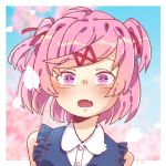  :o blush commentary_request doki_doki_literature_club face fang hair_ornament hair_ribbon hairclip heather natsuki_(doki_doki_literature_club) petals pink_eyes pink_hair red_ribbon ribbon short_hair sleeveless solo two_side_up 