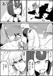  1girl blood blood_from_mouth comic eyebrows_visible_through_hair fangs fate/grand_order fate_(series) greyscale hair_ornament highres hug monochrome mountain okitsugu oni_horns open_mouth pool_of_blood robe sakata_kintoki_(fate/grand_order) short_eyebrows short_hair shuten_douji_(fate/grand_order) smile sunglasses translation_request watch wristwatch 