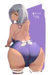  artist_name ass bent_over breasts cameltoe casual_one-piece_swimsuit character_name chinese_commentary dark_skin from_behind girls_frontline grey_hair hair_ornament hairclip highres large_breasts looking_back mossberg_m590_(girls_frontline) one-piece_swimsuit pandea_work parted_lips purple_swimsuit shoulder_blades sideboob solo swimsuit trefoil wading white_hair yellow_eyes 