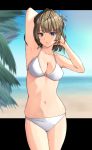  arms_behind_head arms_up bangs bikini blurry blush breasts brown_hair cleavage collarbone depth_of_field green_eyes heterochromia highres idolmaster idolmaster_cinderella_girls looking_at_viewer medium_breasts migimaki_(migi_mawashi) mole mole_under_eye navel short_hair solo swimsuit takagaki_kaede tied_hair white_bikini 