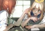  :d blonde_hair brown_hair collarbone commentary_request embarrassed green_eyes grey_neckwear hair_ribbon hibike!_euphonium holding_another's_hair koubakotone liz_to_aoi_tori long_hair multiple_girls nakagawa_natsuki neckerchief open_mouth playing_with_another's_hair ponytail profile ribbon school_uniform shirt short_sleeves smile thick_eyebrows uniform upper_body white_shirt yellow_ribbon yoshikawa_yuuko 