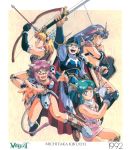  1girl 4girls 90s animal_ears arm_up armor arrow artist_name bikini_armor blonde_hair blue_eyes boots bow_(weapon) cape cat_ears cat_tail chris_(villgust) copyright_name dated elbow_gloves facial_mark fanna_(villgust) fingerless_gloves gloves green_hair hairband helmet holding holding_bow_(weapon) holding_shield holding_sword holding_weapon index_finger_raised kikuchi_michitaka kouryuu_densetsu_villgust kui_(villgust) long_hair looking_at_viewer magic multiple_girls navel non-web_source official_art open_mouth outstretched_arm pauldrons pencil_skirt quiver remi_(villgust) ryuquir_(villgust) shield short_hair skirt sleeveless smile sword tail upper_teeth weapon 