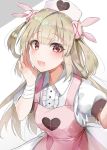  &gt;_&lt; :d apron bangs blush bunny_hair_ornament center_frills collared_shirt commentary_request eyebrows_visible_through_hair fang frills grey_background hair_between_eyes hair_ornament hand_up hat heart light_brown_hair long_hair natori_sana nurse_cap open_mouth pink_apron puffy_short_sleeves puffy_sleeves red_eyes sana_channel shirt short_sleeves smile solo two-tone_background two_side_up very_long_hair virtual_youtuber white_background white_hat white_shirt yayoichi_(yoruyoru108) 