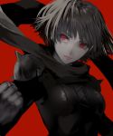  bangs biker_clothes bodysuit clenched_hand closed_mouth commentary_request floating_hair gloves greyscale hand_up lips looking_at_viewer monochrome niijima_makoto no_mask persona persona_5 red_background red_eyes scarf short_hair shoulder_spikes simple_background solo spikes spot_color starry_babe upper_body 