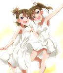  :d bare_shoulders barefoot blush breasts brown_hair cleavage commentary_request dress futami_ami futami_mami hair_ribbon holding_hands idolmaster idolmaster_(classic) interlocked_fingers lieass looking_at_viewer multiple_girls open_mouth outstretched_arm pink_eyes ponytail red_ribbon ribbon short_hair siblings side_ponytail sisters smile twins white_dress 