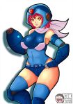  1girl arm_cannon armpits bare_shoulders breasts cosplay covered_navel hand_on_hip helmet large_breasts locke3k open_mouth original rockman rockman_x scarf sideboob signature simple_background skin_tight smile solo teeth white_background x_(rockman) x_(rockman)_(cosplay) 
