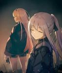  ak-12_(girls_frontline) an-94_(girls_frontline) bangs blonde_hair blue_eyes braid breasts closed_mouth commentary_request eyebrows_visible_through_hair french_braid from_side girls_frontline gloves hairband jacket light_particles long_hair long_sleeves looking_at_viewer looking_to_the_side medium_breasts multiple_girls nagu ribbon short_shorts shorts sidelocks silver_hair smile thighs very_long_hair 