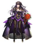  bangs black_hair bouquet breasts bridal_gauntlets cleavage closed_mouth covered_navel dress feather_trim fingernails fire_emblem fire_emblem:_kakusei fire_emblem_heroes flower full_body grey_eyes hair_ornament hand_up high_heels highres holding jewelry large_breasts lips long_hair looking_at_viewer non-web_source official_art pelvic_curtain see-through senchat skin_tight smile solo standing tharja tiara transparent_background 