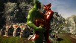  16:9 3d_(artwork) anthro argonian biceps body_hair day digital_media_(artwork) eye_contact green_skin hair hand_on_butt hand_on_chest humanoid larger_male lizard male male/male mmoboys_(artist) muscular one_leg_up orc outside penis red_scales reptile scales scalie sex size_difference sky skyrim smaller_male standing sweat the_elder_scrolls tusks video_games 