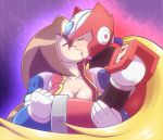 1boy 1girrl android blonde_hair breasts brown_hair cleavage couple eyes_closed french_kiss gloves hand_holding helmet holding_arm hyoumaru iris_(rockman_x) kiss rockman rockman_x rockman_x4 white_gloves zero_(rockman) 