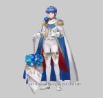  armor blue_eyes blue_hair cape fire_emblem fire_emblem:_monshou_no_nazo fire_emblem_heroes formal gloves looking_at_viewer male_focus marth mayo_(becky2006) necktie official_art simple_background smile solo tuxedo white_background 