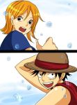  1boy 1girl black_eyes black_hair blush couple duo female hat lunami male monkey_d_luffy nami_(one_piece) one_piece orange_hair pirate short_hair smile straw_hat_pirates tattoo 