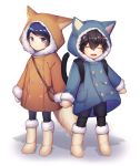  amamiya_ren animal_hood bag black_hair blue_eyes blue_hair boots cat_hood cat_tail catboy child closed_eyes coat double-breasted expressionless fox_hood fox_tail fur_trim happy hood hood_up kitagawa_yuusuke male_focus mittens multiple_boys persona persona_5 smile tail winter_clothes winter_coat younger yulu_syukita 