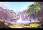  1girl bird commentary darling_in_the_franxx day fantasy forest highres hiro_(darling_in_the_franxx) landscape mountain mountainous_horizon nature nude pigsomedom scenery signature sky standing tree uniform water waterfall zero_two_(darling_in_the_franxx) 