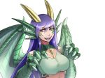  :d animal_ears breasts claws cleavage dragon_(monster_girl_encyclopedia) dragon_girl dragon_horns dragon_wings eyes_visible_through_hair fangs hair_between_eyes head_fins horns jewelry large_breasts long_hair monster_girl monster_girl_encyclopedia necklace open_mouth purple_hair scales sharp_teeth simple_background smile solo soup-plz teeth upper_body white_background wings yellow_eyes 