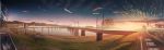  banishment bridge cloud commentary_request day grass highres koinobori no_humans original outdoors panorama power_lines railroad_crossing railroad_tracks river road road_sign ruins scenery sign sky street sunset transmission_tower 