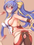  1girl antenna_hair ass blazblue:_central_fiction blazblue_variable_heart blue_hair blush breasts censored cowboy_shot elbow_gloves eyebrows_visible_through_hair genderswap genderswap_(mtf) gloves imminent_rape imminent_sex large_breasts long_hair mai_natsume multiple_penises no_bra penis pink_eyes ponytail pussy solo_focus very_long_hair 