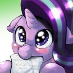  2018 blush bust_portrait cute english_text equine eyelashes female feral floppy_ears friendship_is_magic gradient_background green_background hair hi_res hooves horn mammal mouth_hold multicolored_hair my_little_pony nom paper ponimu portrait purple_eyes purple_hair simple_background smile solo starlight_glimmer_(mlp) text two_tone_hair unicorn 