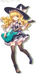  ;d bangs black_hat black_legwear blonde_hair blunt_bangs boots bow capura_lin eyebrows_visible_through_hair floating_hair full_body grin hair_between_eyes hat hat_bow highres holding holding_instrument instrument kirisame_marisa layered_skirt long_hair music one_eye_closed open_mouth playing_instrument shirt simple_background smile solo standing thighhighs touhou very_long_hair white_background white_bow white_shirt witch_hat yellow_eyes 