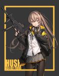  ahd armband bangs black_gloves brown_eyes brown_hair commentary_request covered_mouth eyebrows_visible_through_hair finger_to_mouth fingerless_gloves girls_frontline gloves gun h&amp;k_ump h&amp;k_ump45 hair_between_eyes hair_ornament heckler_&amp;_koch highres holding holding_gun holding_weapon hood hood_down hooded_jacket index_finger_raised jacket long_hair looking_at_viewer one_side_up pantyhose pleated_skirt pouch scar scar_across_eye shirt shushing sidelocks signature skirt smile solo submachine_gun thigh_strap trigger_discipline ump45_(girls_frontline) weapon white_shirt yellow_eyes 