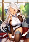  ahoge apron arm_support azur_lane bangs bare_shoulders black_gloves blonde_hair blush book bow breasts brooklyn_(azur_lane) chinese_commentary commentary_request dark_skin day desk elbow_gloves eyebrows_visible_through_hair fingerless_gloves garter_straps gloves halterneck hand_on_own_head iiiroha indoors large_breasts letter long_hair looking_at_viewer machinery maid mounting one_eye_closed paper_stack red_eyes ribbon rigging shiny shiny_skin sideboob sidelocks skindentation skirt solo thighhighs thighs very_long_hair wavy_hair 