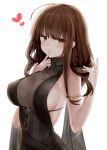  absurdres ahoge alternate_costume armlet bangs black_dress blunt_bangs blush breasts brown_hair choker cleavage closed_mouth commentary_request cup dress dsr-50_(girls_frontline) earrings eyebrows_visible_through_hair finger_to_mouth flying_heart girls_frontline hair_ornament heart heart-shaped_pupils highres jewelry large_breasts leaning_forward long_hair looking_at_viewer no_bra pendant petals red_eyes ring ru_zhai ruby_(stone) side_slit sideboob sidelocks simple_background smile solo symbol-shaped_pupils upper_body very_long_hair wavy_hair wedding_band white_background 