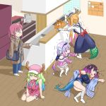  5girls aqua_hair blonde_hair blue_eyes breasts brown_hair dragon_girl dragon_horns dragon_tail elma_(maidragon) eyes_closed glasses gloves gradient_hair hairband hat horns kanna_kamui kitchen kneeling kobayashi-san_chi_no_maidragon kobayashi_(maidragon) large_breasts lavender_hair maid maid_headdress multicolored_hair multiple_girls open_mouth orange_hair purple_hair quetzalcoatl_(maidragon) red_hair tail tooru_(maidragon) white_legwear 