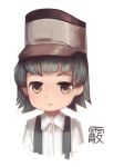  arare_(kantai_collection) bangs black_hair brown_eyes character_name commentary english_commentary expressionless hat highres jacy kantai_collection short_hair solo suspenders upper_body 