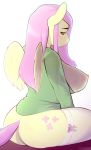  2016 anthro anthrofied big_breasts blush bottomless breasts butt clothed clothing cutie_mark equine feathered_wings feathers female fluttershy_(mlp) friendship_is_magic hair hi_res legwear long_hair mammal my_little_pony nipples pegasus simple_background solo tsudamaku wings 