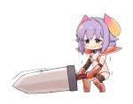  :i armor asymmetrical_legwear bangs bikini_armor black_legwear brown_eyes chibi cosplay dragon_quest dragon_quest_iii gauntlets hair_intakes heavy horns huge_weapon idolmaster idolmaster_cinderella_girls koshimizu_sachiko leg_armor moru_(monaka) parody purple_hair short_hair shoulder_armor simple_background soldier_(dq3) soldier_(dq3)_(cosplay) solo squatting sweat sword thighhighs weapon white_background 