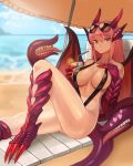  animal_ears ass bangs beach beach_chair black_swimsuit blue_sky blush breasts claws closed_mouth cloud commission cup day dragon_girl dragon_horns dragon_tail dragon_wings drink drinking_glass drinking_straw eyewear_on_head fingernails food from_side fruit gold_teeth hair_between_eyes hand_on_own_chest head_fins heart holding holding_cup horizon horns jabberwock_(monster_girl_encyclopedia) knee_up large_breasts long_fingernails long_hair looking_at_viewer monster_girl monster_girl_encyclopedia ocean orange orange_slice outdoors pink_hair red_eyes sitting sky slingshot_swimsuit slit_pupils solo sookmo sunglasses sweat swimsuit tail tentacles wings 