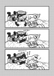  3koma :3 animal_ears biting blush_stickers bow bowtie closed_eyes comic common_raccoon_(kemono_friends) ear_biting elbow_gloves fang fennec_(kemono_friends) fox_ears fur_collar gloves greyscale highres kemono_friends kotobuki_(tiny_life) looking_at_another lying monochrome multiple_girls on_back outdoors pleated_skirt puffy_short_sleeves puffy_sleeves raccoon_ears raccoon_tail short_hair short_sleeves silent_comic skirt sleeping smile tail translated vest zzz 