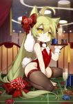  absurdly_long_hair absurdres ahoge akashi_(azur_lane) alcohol animal_ears azur_lane backless_outfit bangs bare_shoulders between_legs bow bowtie brown_legwear bunny_tail bunnysuit cat_ears champagne champagne_flute chinese_commentary ciciya commentary_request cup dice_hair_ornament drinking_glass eyebrows_visible_through_hair fingernails green_hair hair_between_eyes hair_bow hair_ornament hand_between_legs highres holding holding_tray indoors latex leotard long_hair poker_chip red_bow red_leotard red_neckwear roulette_table sample sidelocks signature solo sparkle strapless strapless_leotard striped striped_bow tail thighhighs tray very_long_hair wrist_cuffs yellow_eyes 