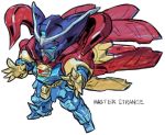  aqua_eyes cape character_name chibi doctor_strange doctor_strange_(series) eyes full_body fusion g_gundam gundam looking_away marvel master_gundam mechanization simple_background solo standing white_background 