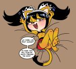  2018 anthro black_hair blush bottomless cat clothed clothing feline female flat_chested fur furnut hair honey_the_cat mammal nipples pussy simple_background smile solo sonic_(series) text yellow_fur 