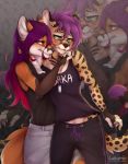  2018 5_fingers anthro blush breasts canine cat clothed clothing digital_media_(artwork) dipstick_tail duo ear_piercing feline female female/female fox fur green_eyes hair kuro_murasaki lukurio mammal multicolored_tail piercing purple_hair red_eyes serval simple_background smile spots spotted_fur standing tomboy yumi 