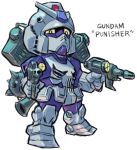  beam_rifle character_name chibi dual_wielding energy_gun flail full_body fusion gundam holding looking_at_viewer mechanization mobile_suit_gundam morning_star punisher rx-78-2 simple_background solo standing the_punisher weapon weapon_on_back white_background yellow_eyes 