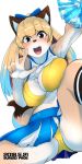  1girl blonde_hair brown_eyes buried_frog cheerleader dog furry open_mouth solo 