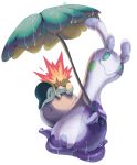  cyndaquil fire gen_2_pokemon gen_6_pokemon highres leaf_umbrella looking_at_viewer no_humans pinkgermy pokemon pokemon_(creature) riding simple_background sliggoo water water_drop wet white_background 