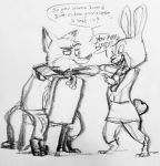  2016 anthro canine chair clothed clothing comic dialogue disney duo english_text female fox fur hi_res lagomorph male mammal monochrome nick_wilde nicolaswildes_(artist) rabbit simple_background smile text white_background zootopia 