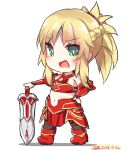  :d armor bad_id bad_pixiv_id bangs bare_shoulders black_legwear blonde_hair blush boots braid breastplate chibi dated dreamusun eyebrows_visible_through_hair fang fate/apocrypha fate_(series) green_eyes hand_on_hilt hand_on_hip long_hair mordred_(fate) mordred_(fate)_(all) navel open_mouth ponytail red_armor red_footwear sidelocks signature smile solo standing sword thighhighs weapon white_background 