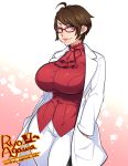  agawa_ryou breasts brown_eyes brown_hair cowlick cravat glasses hands_in_pockets labcoat large_breasts makeup plump_lips short_hair smile solo wide_hips 