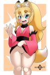  animal_humanoid blush canine clothed clothing female fox_humanoid humanoid japanese_clothing kimono kloudmutt looking_at_viewer mammal open_mouth pussy smile solo standing 