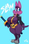  anthro bat big_breasts breasts clothed clothing female hi_res looking_at_viewer mammal melee_weapon simple_background smile solo sophie_slam sword thick_thighs vimhomeless voluptuous weapon wide_hips 