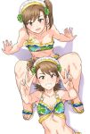  arm_support bikini breasts cleavage clover clover_hair_ornament double_v eyebrows_visible_through_hair four-leaf_clover four-leaf_clover_hair_ornament from_above futami_ami futami_mami hair_ornament hairband happy_birthday high_heels highres idolmaster idolmaster_(classic) idolmaster_2 long_hair multiple_girls navel o-ring o-ring_top sandals short_hair siblings side_ponytail simple_background sisters sitting small_breasts smile spread_legs swimsuit tsurui twins v white_background 